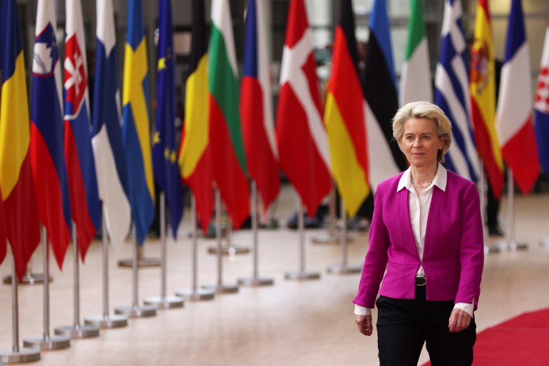 European Commission President Ursula von der Leyen arrives for the European Union leaders summit, as EU's leaders attempt to agree on Russian oil sanctions in response to Russia's invasion of Ukraine, in Brussels, Belgium