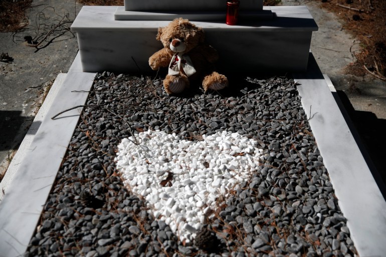 A cuddly toy is placed on the grave of a five-year boy from Afghanistan