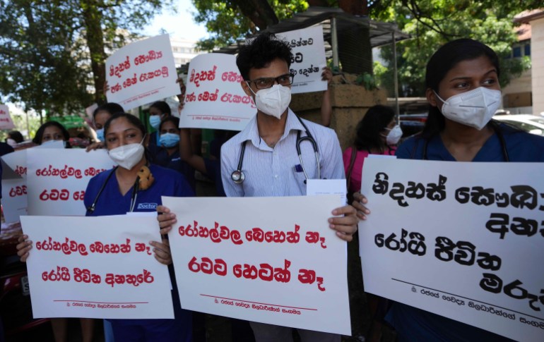 Sri Lankan government doctors protest against the government near the national hospital in Colombo