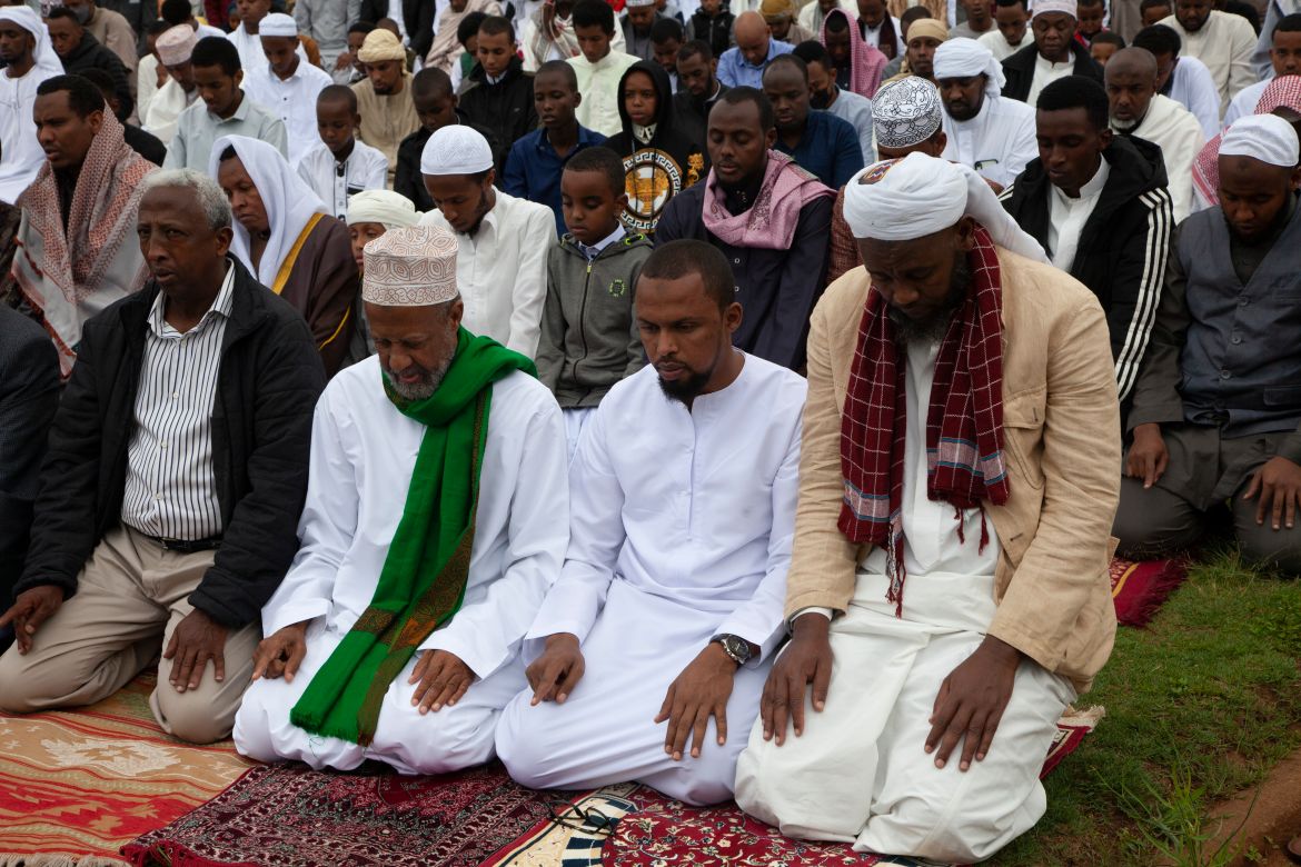 Kenyan Muslims offer the Eid al-Fitr prayers outside Masjid As Salaam in Nairobi, Kenya