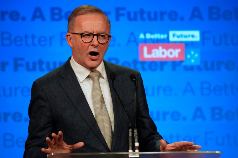 Labor Party leader Anthony Albanese speaks to supporters at a Labor Party event in Sydney