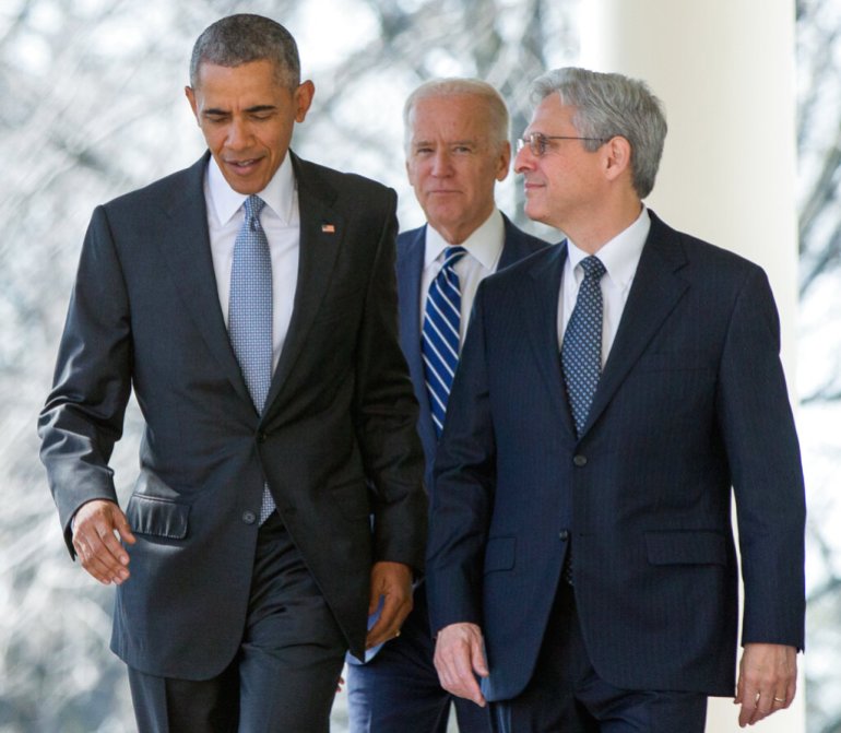 Federal appeals court judge Merrick Garland arrives with President Barack Obama and Vice President Joe Biden to be introduced as Obamas nominee for the Supreme Court, during an announcement in the Rose Garden of the White House, in Washington in March 2016.