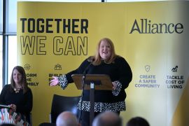 Alliance party leader Naomi Long speaks during the Alliance party manifesto launch at CIYMS recreational grounds on April 27, 2022 in Belfast, Northern Ireland. The Alliance Party of Northern Ireland, which currently has seven seats in the Assembly, is a non-sectarian party that is not designated as either Unionist or Nationalist [Charles McQuillan/Getty Images]