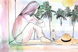 illustration of a woman looking out a window onto a pool and palms