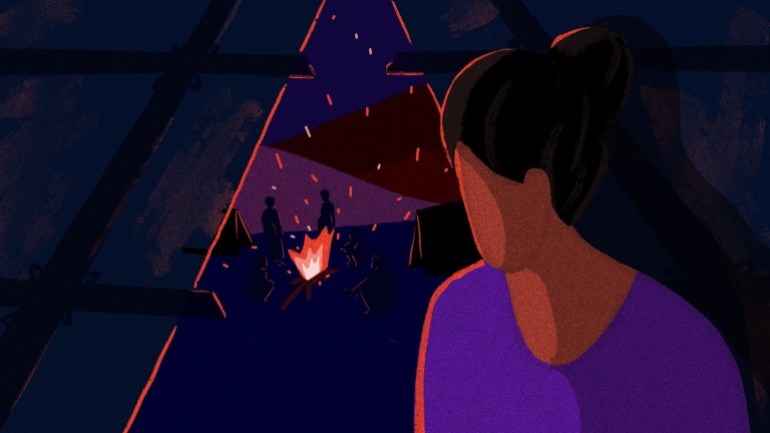 An illustration of a woman looks out from under a tarpaulin to men sitting around a camp fire