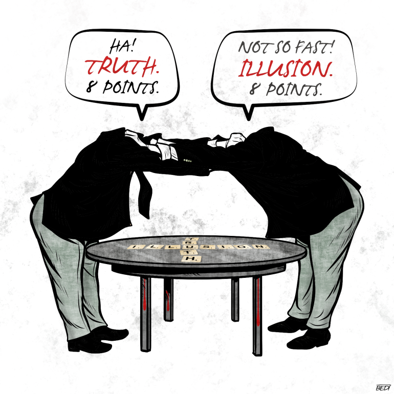 Illustration showing two characters playing Scrabble using the words truth and illusion
