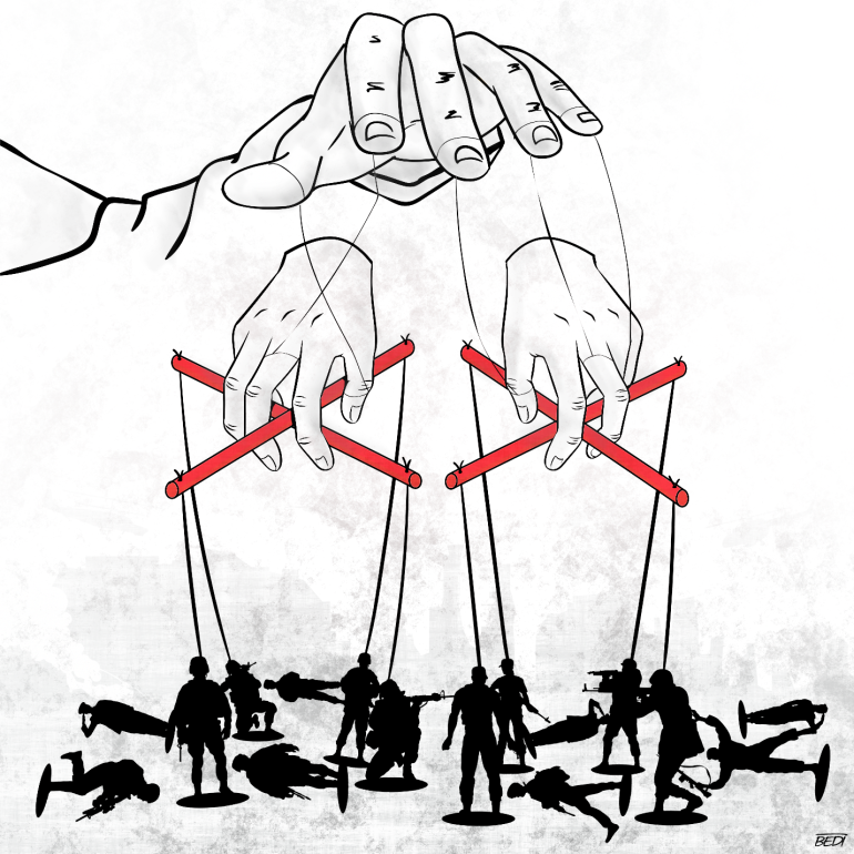 Illustration showing puppet masters coordinating the invasion of Iraq
