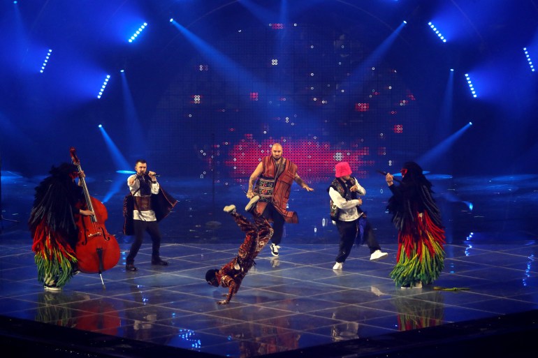 Kalush Orchestra from Ukraine perform during the final of the 2022 Eurovision Song Contest in Turin, Italy, May 14, 2022 [Yara Nardi/Reuters]