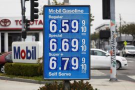 Gas prices over the $6.00 mark are advertised at a Mobil Station in Santa Monica, California, US.