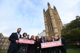 Irish language activists outside parliament in London