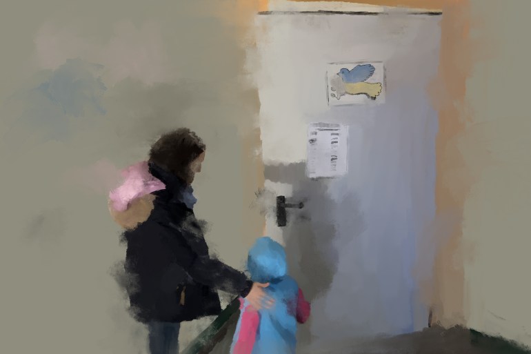 An illustration of a woman holding a child's shoulder near a white door.
