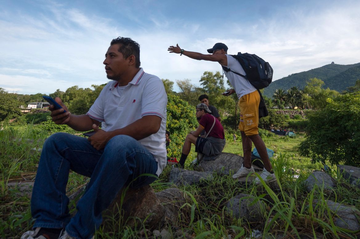 Nicaraguan migrants taking part in a caravan heading to the US, are seen at a makeshift camp in Huixtla