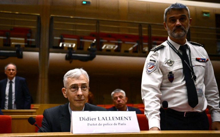 Paris police prefect Didier Lallement (L) attends a senate hearing on the incidents which occurred at the Stade de France during the Champions League final