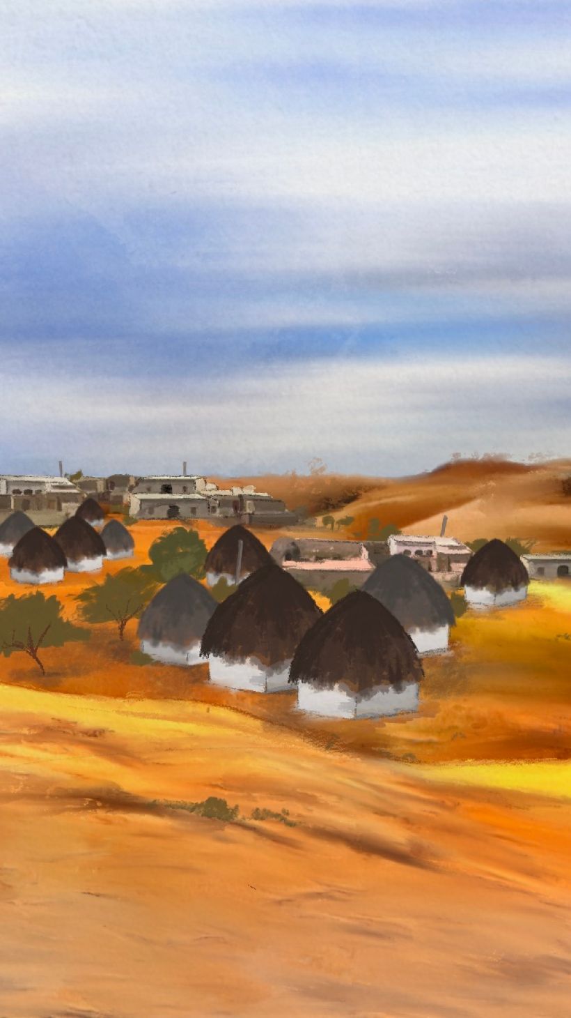 An illustration of huts and houses and camels in the distance in the dessert.