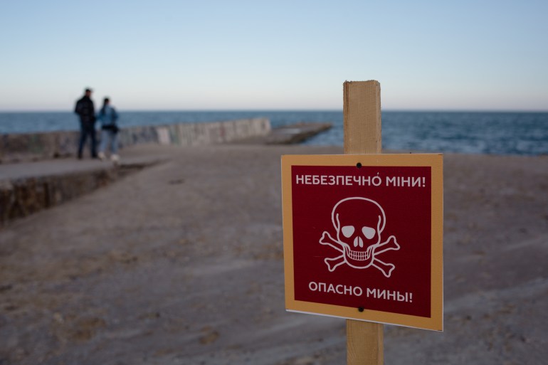 A photo of a sign that has an illustration of a skull and crossbones that reads "Caution: mines" on a beach.