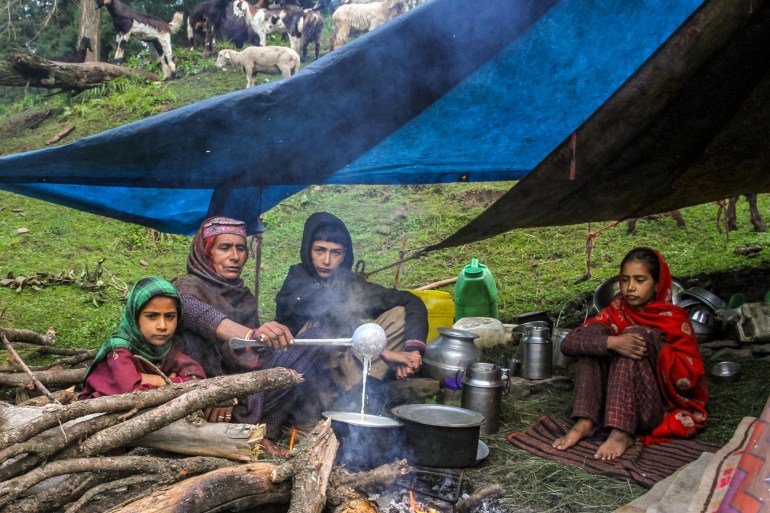 Ban Bargat stirs the kudan mixture in the open-sided tent with greenery and sheep in the background as her daughters look on