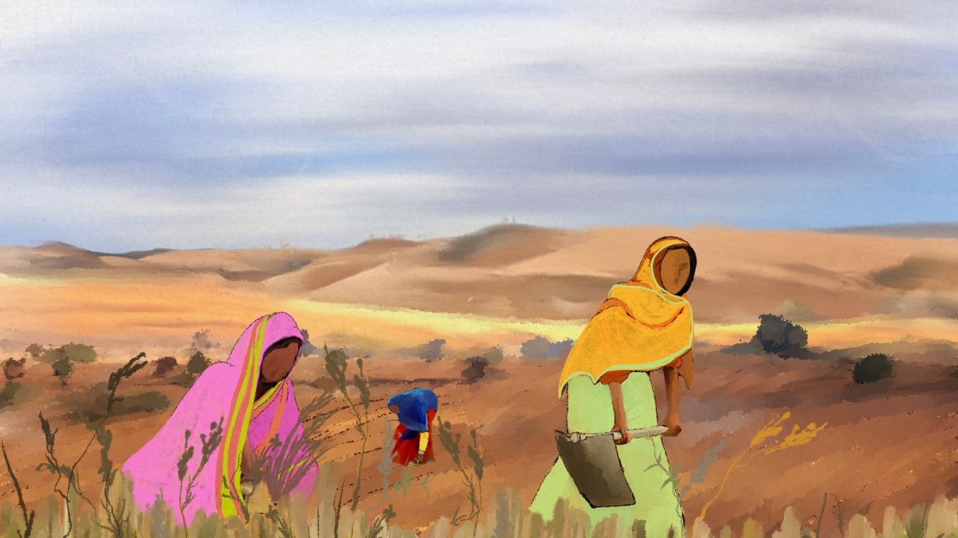 An illustration of two women walking through the desert. one holding a hoe, the other looking at the shrubbery,