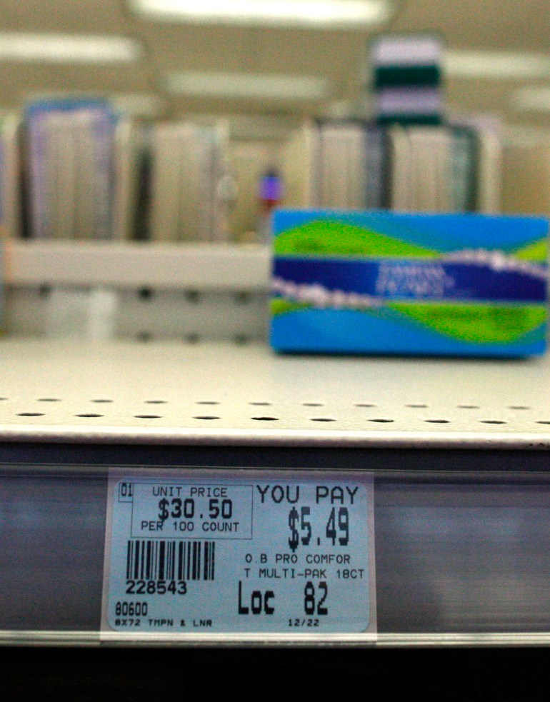 a price tag for o.b. tampons on a shelf in New York
