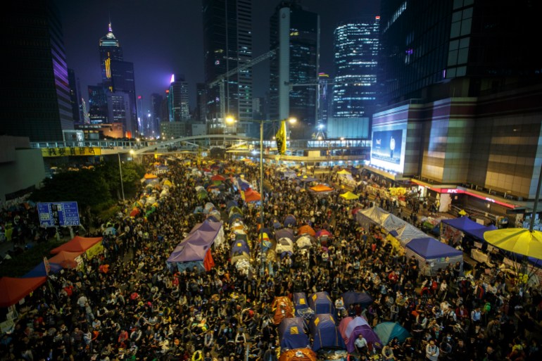 Pro-democracy protesters gather at the Occupy Central protest site in Hong Kong.