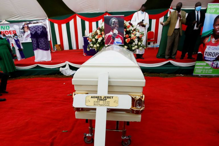 The coffin of long-distance runner Agnes Tirop is seen during her funeral service at Kapnyamisa village, Nandi county, Kenya.