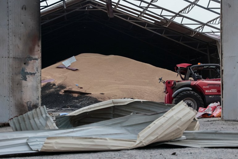 Seeds are seen in a destroyed grain silo in eastern Ukraine