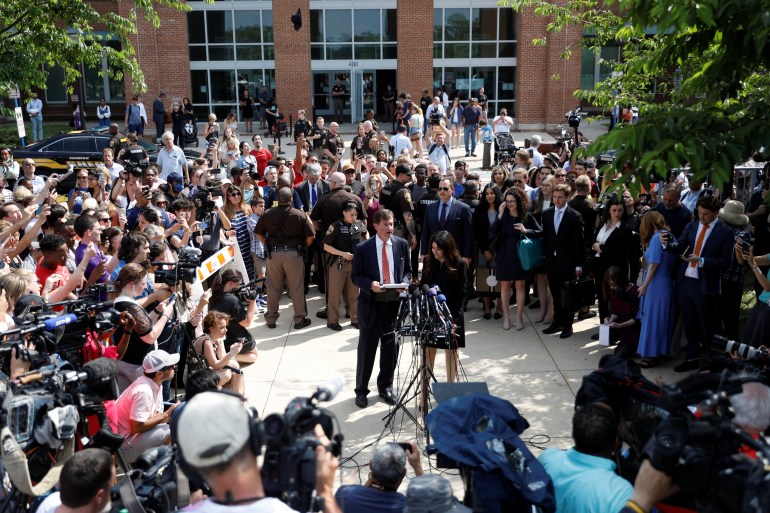 Johnny Depp's attorneys Benjamin Chew and Camille Vasquez speak to the media after the jury announced split verdicts in favor of both Johnny Depp and his ex-wife Amber Heard on their claim and counter-claim in the Depp v. Heard civil defamation trial at the Fairfax County Circuit Courthouse in Fairfax, Virginia, U.S., June 1, 2022. REUTERS/Tom Brenner
