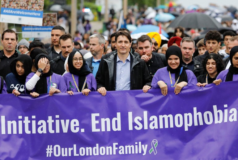 Justin Trudeau participates in a march against Islamophobia in London, Ontario