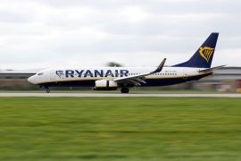A Ryanair aircraft lands