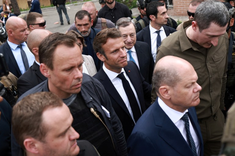 French President Emmanuel Macron, German Chancellor Olaf Scholz, Italian Prime Minister Mario Draghi visit Irpin, as Russia's attack on Ukraine continues, near Kyiv, Ukraine 