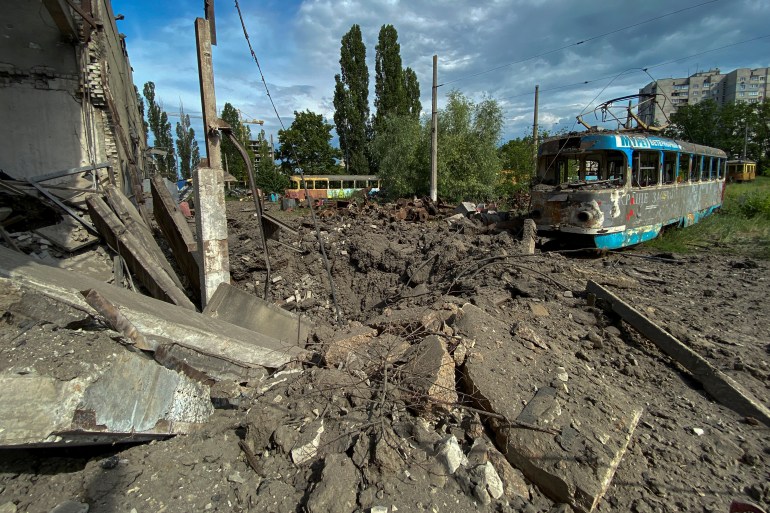 A tram depot destroyed by a Russian missile strike in Kharkiv, Ukraine.