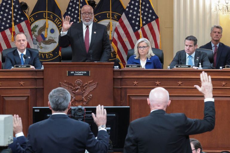 Two people being sworn in during the fourth public hearing of the House Select Committee to investigate the January 6, 2021 attack on the US Capitol.