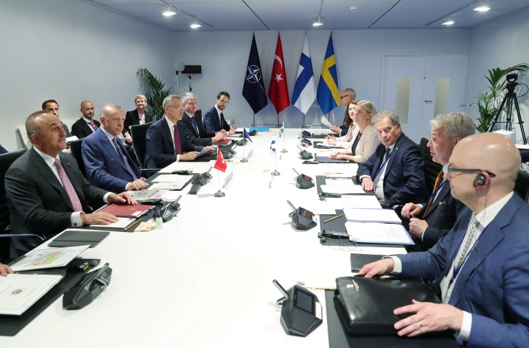 Turkish President Tayyip Erdogan meets with NATO Secretary General Jens Stoltenberg, Finland's President Sauli Niinisto and Swedish Prime Minister Magdalena Andersson ahead of a NATO summit in Madrid