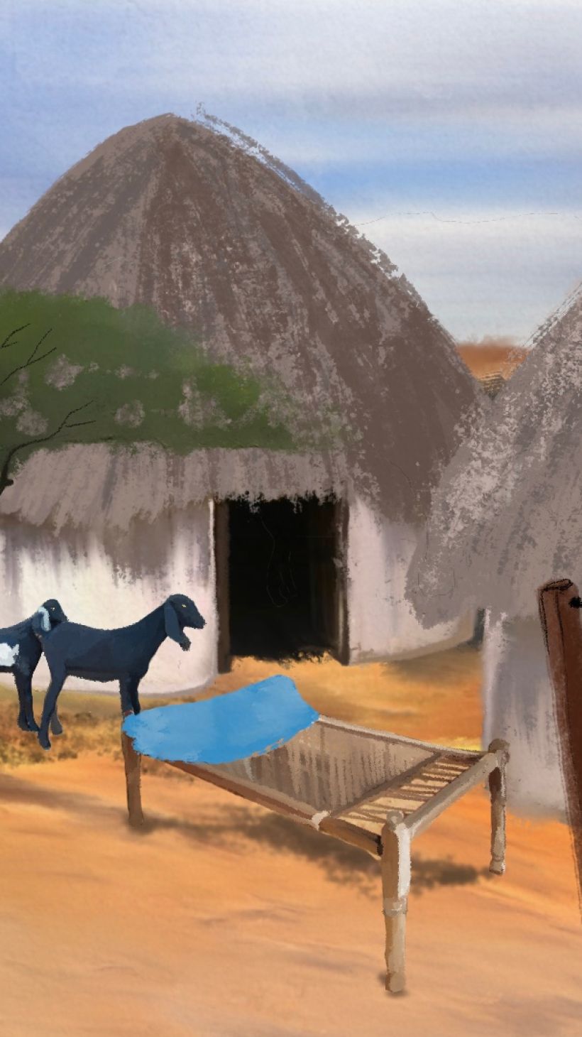 An illustration of two huts, one with a bed frame and a clothes line in front of it and the other with two goats in front.