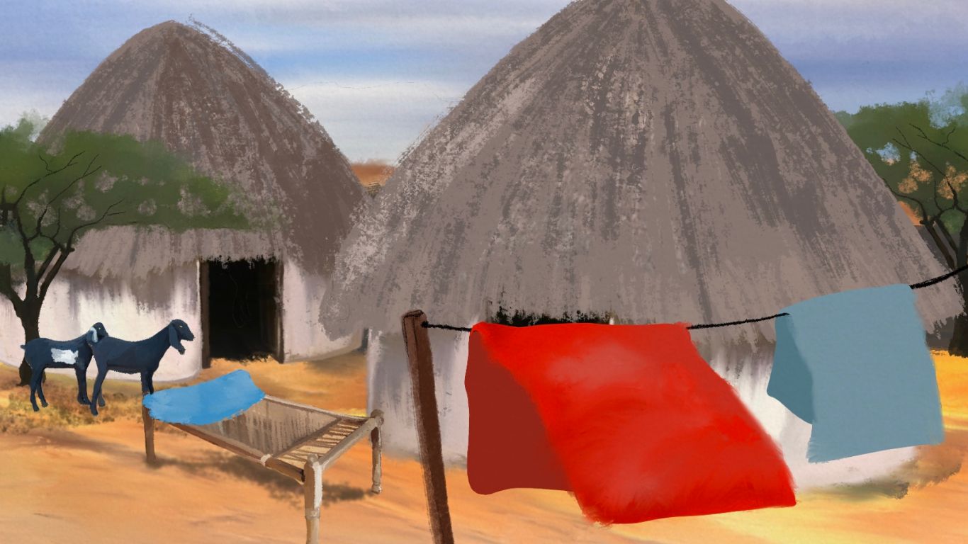 An illustration of two huts, one with a bed frame and a clothes line in front of it and the other with two goats in front.