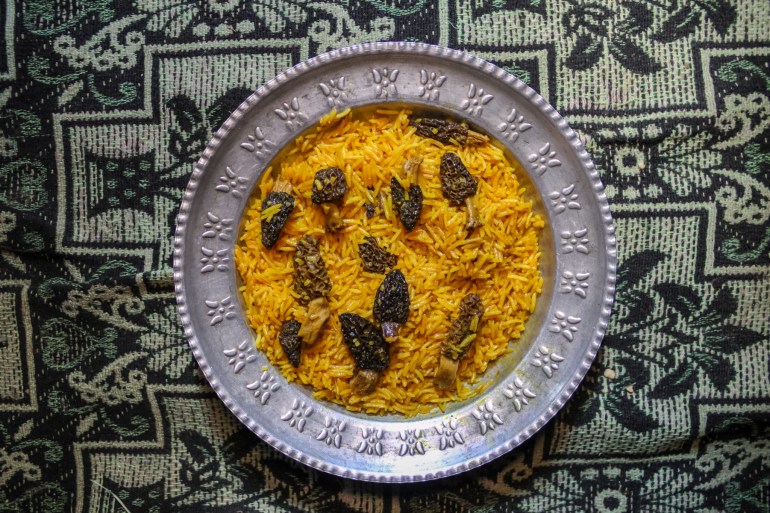 An overhead shot of a decorated metal platter fulled with golden Gucchi Pulav studded with morel mushrooms