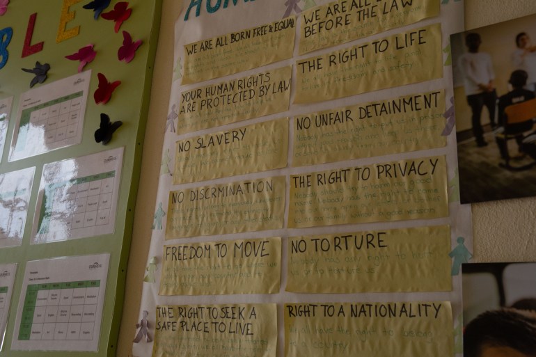 A photo of a poster on a wall with a list of things, each on a yellow note on it's own, from, the things that the papers say are "We are all born free and equal", "Human rights are protected by law". "No Slavery", "Freedom to move", "The right to save a safe place to live", "The right to life", "No Unfair Detainment", "The right to privacy", "No Torture", and "right to a nationality".