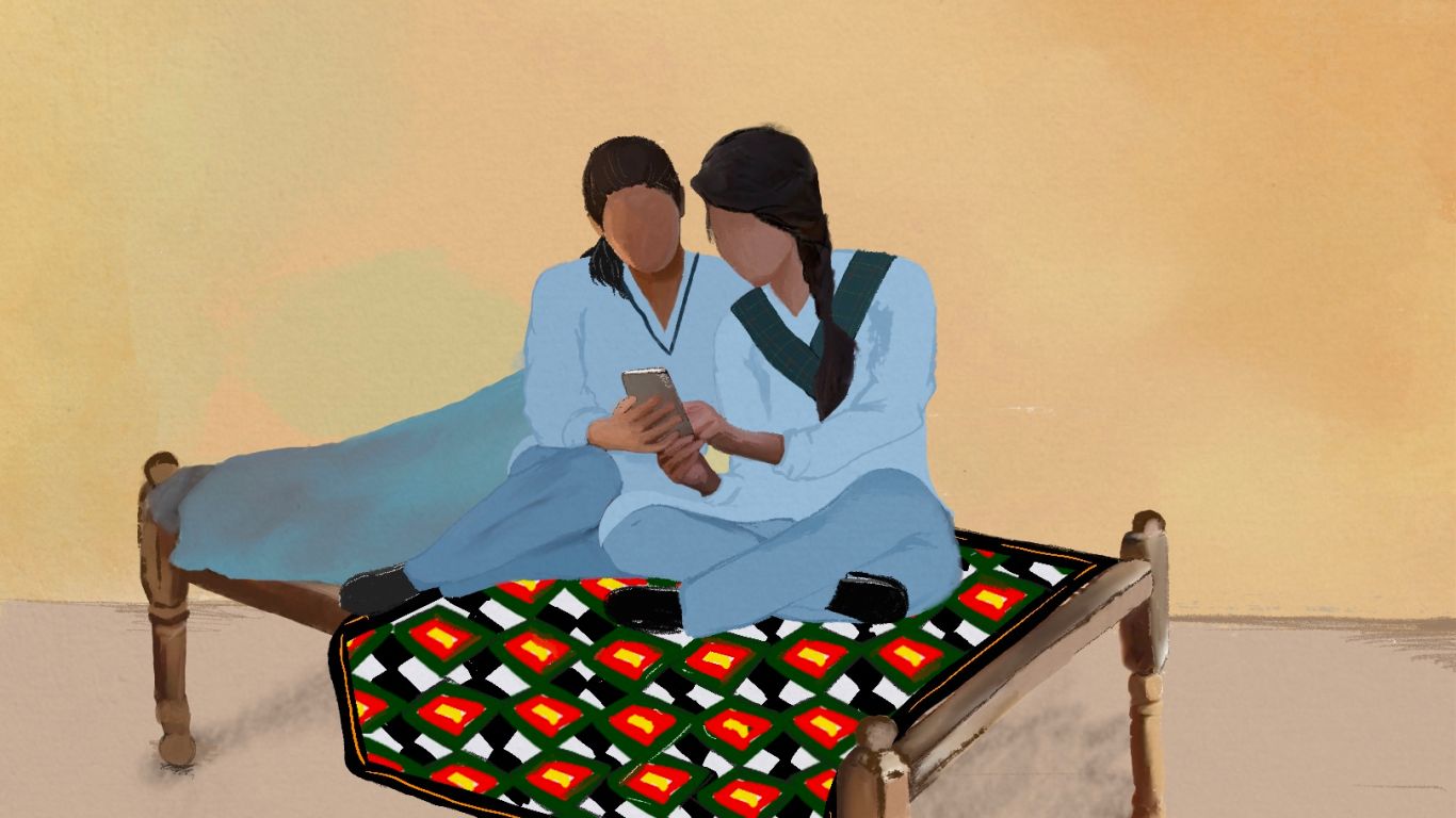 An illustration of two people sitting on a bed frame looking at a phone with a blanket on one side and one under the two people.