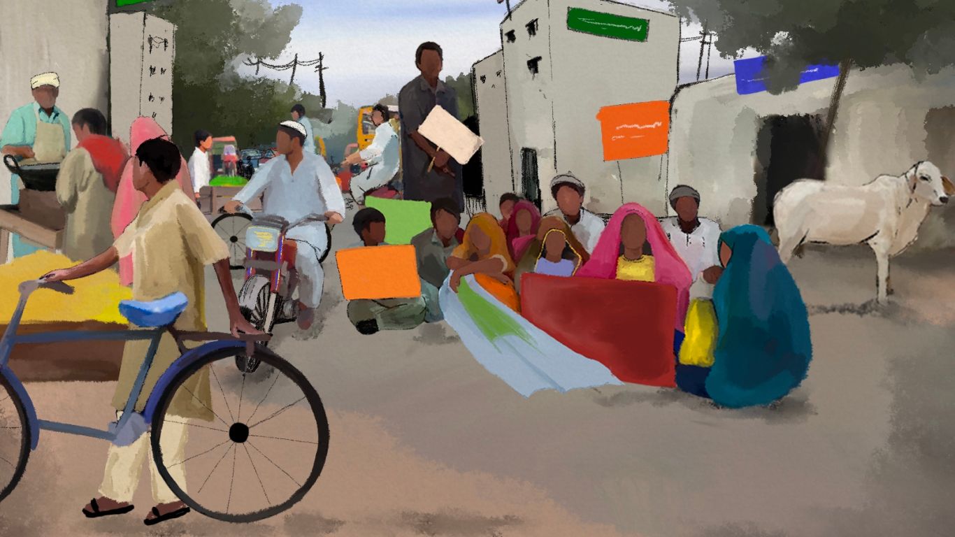 An illustration of a group of people sitting on the ground holding a large banner or flag and others holding signs in the middle of a busy street filled with people riding bicycles.