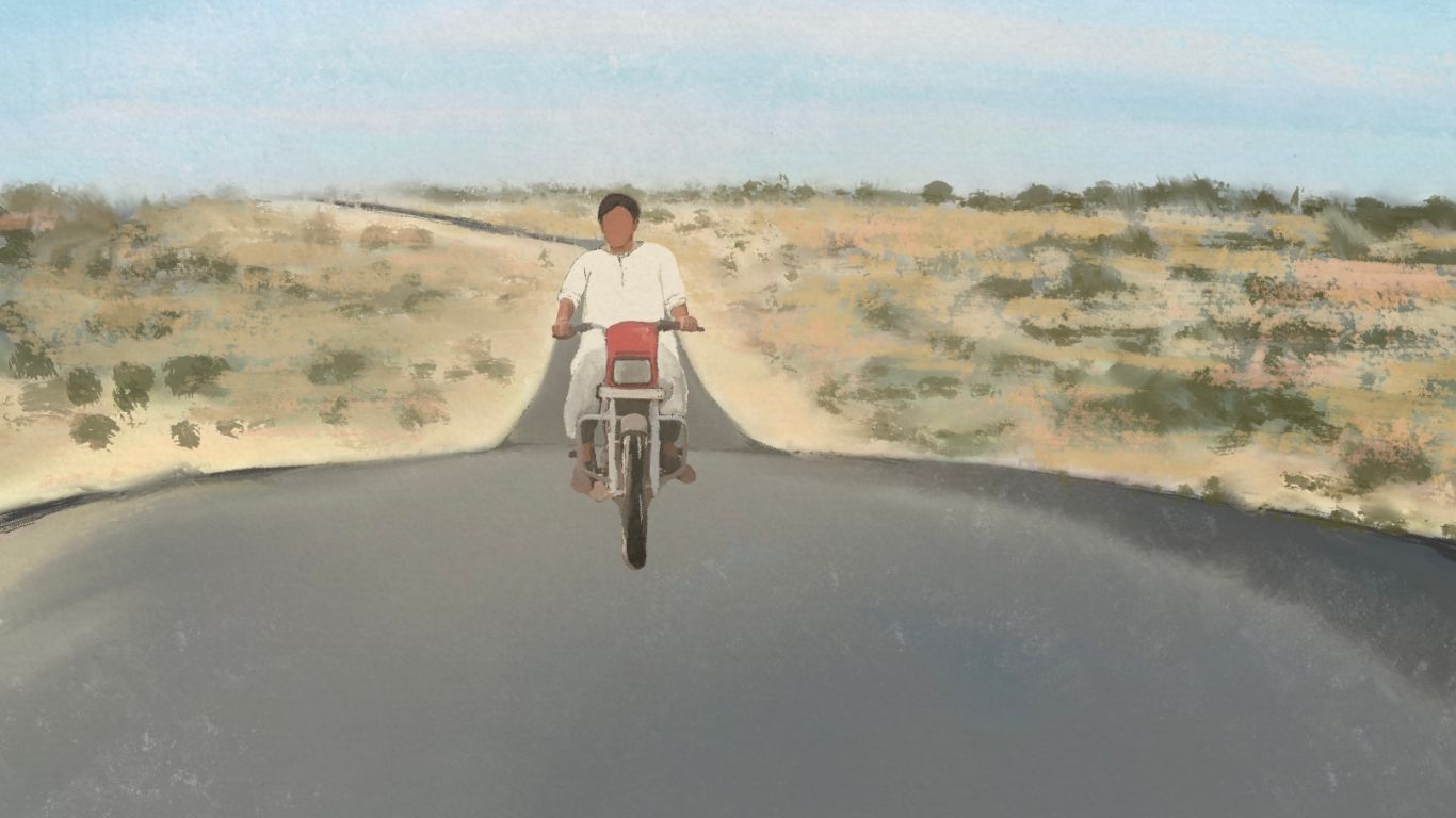 An illustration of a person riding a bike in the middle of an empty road.