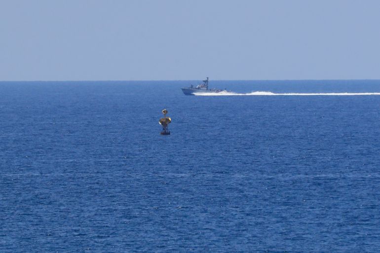 An Israeli Navy vessel patrols in the Mediterranean Sea off the southern town of Naqoura