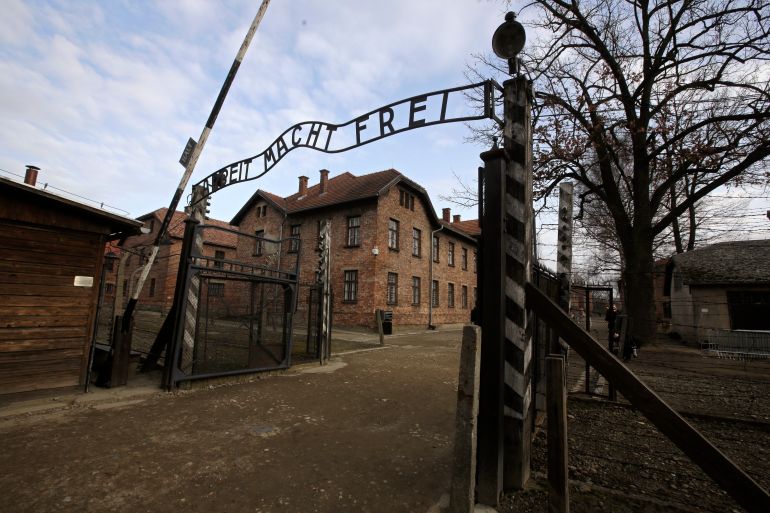 A view of the gate of the Auschwitz Nazi death camp in Poland in 2020