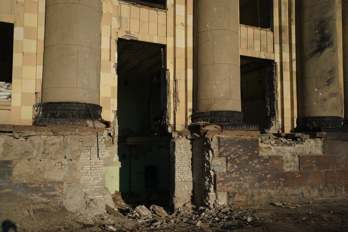 A missile has caused extensive damage to a government building in central Kharkiv, in Eastern Ukraine.