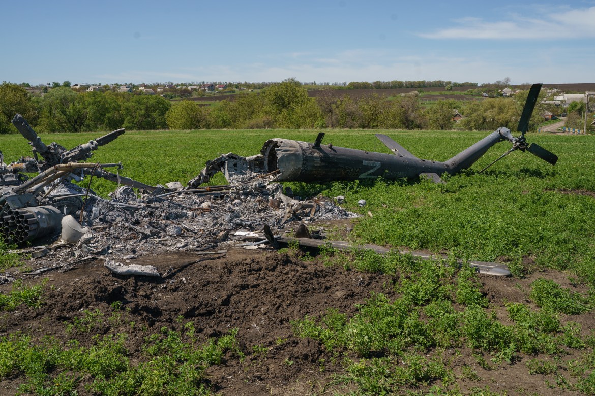 Detroyed Russian helicopter in Mala Rohan. Kharkiv, Ukraine.