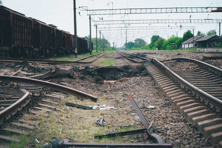 A photo of a railway that had been struck by a missile.