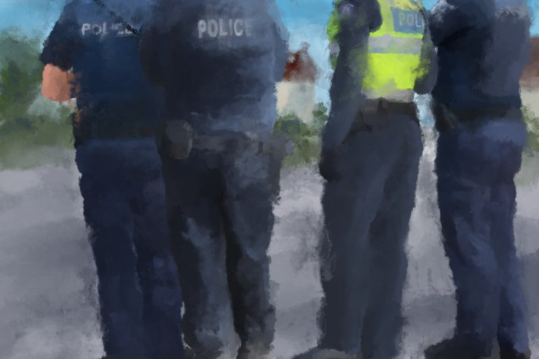 An illustration of the backs of four police officers.