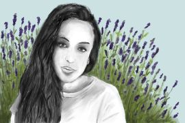 An illustration of Sabina Nessa with lavender plants in the background.