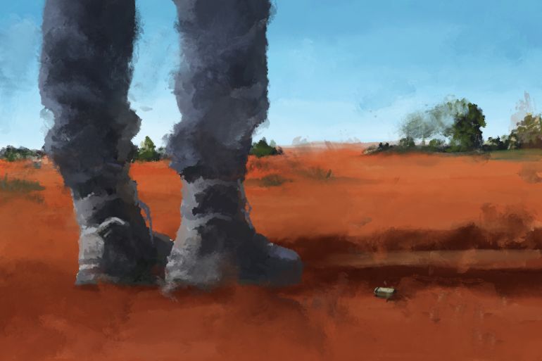 An illustration of legs of a person wearing boots with the dessert in the background.