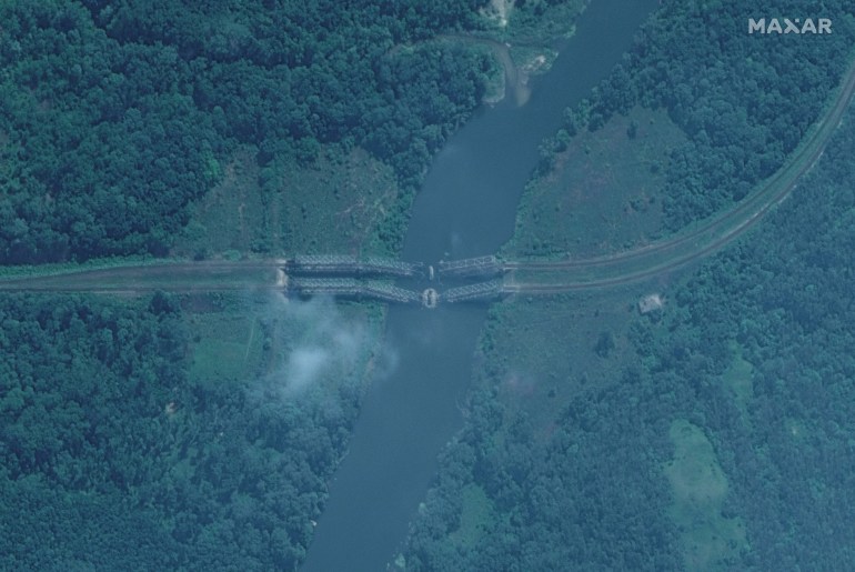 A satellite image shows damaged railroad bridges in the northwest of Severodonetsk, Ukraine June 11, 2022. Picture taken June 11, 2022
