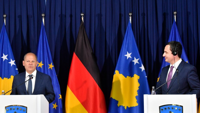 German Chancellor Olaf Scholz and Kosovo's Prime Minister Albin Kurti, attend a joint press conference in Pristina, Kosovo
