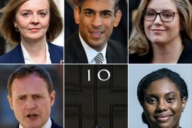 A combination photo showing Liz Truss, Rishi Sunak, Penny Mordaunt, Tom Tugendhat, the black door of No. 10 Downing Street and Kemi Badenoch